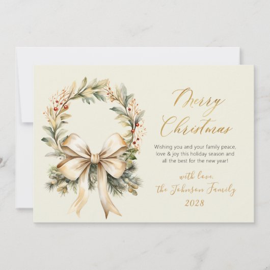 Kerstscript met waterverf krans en gouden strik feestdagenkaart (Voorkant)