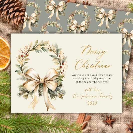 Kerstscript met waterverf krans en gouden strik feestdagenkaart