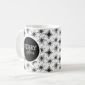 Kerstscript met zwarte sneeuwvlokken     koffiemok (Voorkant links)