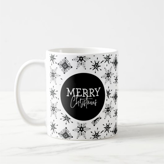 Kerstscript met zwarte sneeuwvlokken     koffiemok (Links)