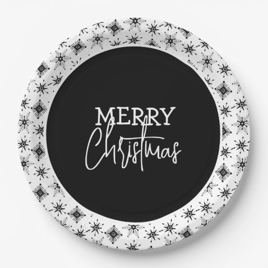 Kerstscript met zwarte sneeuwvlokken papieren bordje (Voorkant)