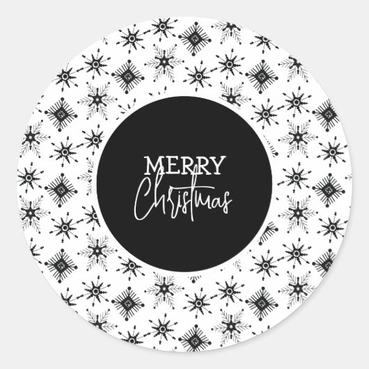 Kerstscript met zwarte sneeuwvlokken ronde sticker (Voorkant)