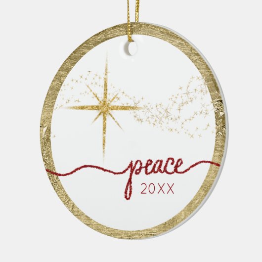 kerstscript Peace Star Gold Red Glitter-foto Keramisch Ornament (Links)