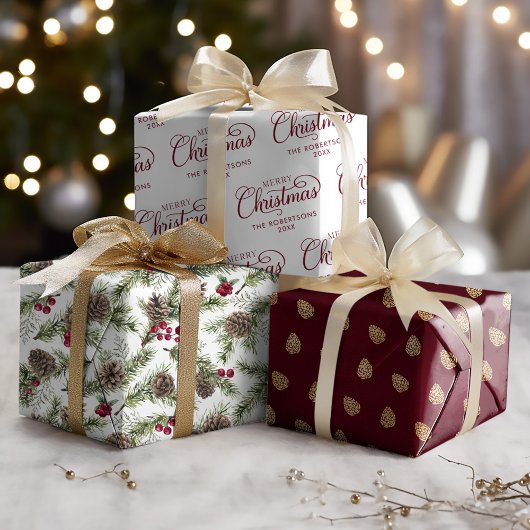 Kerstscript Rustic Pine Cones gepersonaliseerd Inpakpapier Vel