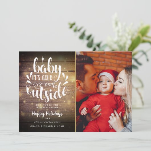 Kerstscript rustieke houten foto feestdagenkaart (Staand voorkant)
