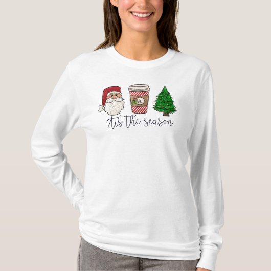 Kerstscript Santa Initiaal Coffee Tree T-shirt (Voorkant)