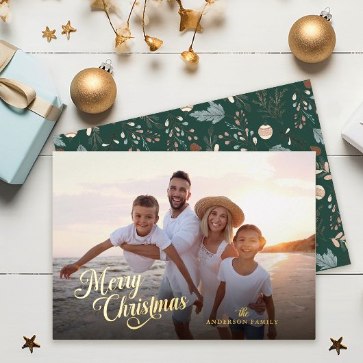 Kerstscript Volledige foto Boho Greenery Gold Folie Feestdagenkaart