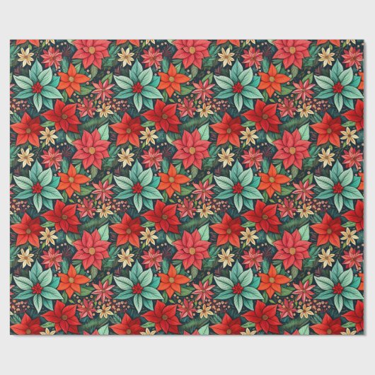 Kerstseizoen Boho Poinsettia Design Cadeaupapier (Vlak)