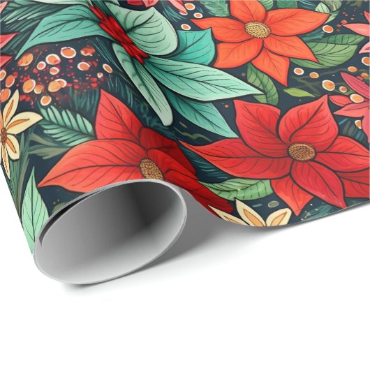 Kerstseizoen Boho Poinsettia Design Cadeaupapier (Rol Hoek)