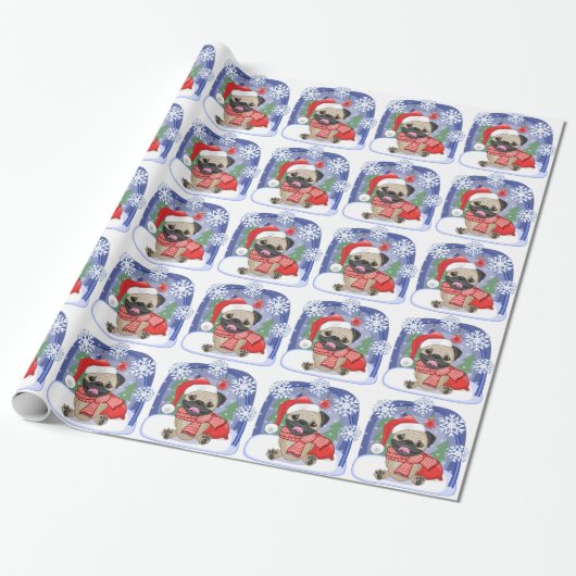 Kerstseizoen Winter Pug Cadeaupapier (Uitgerold)