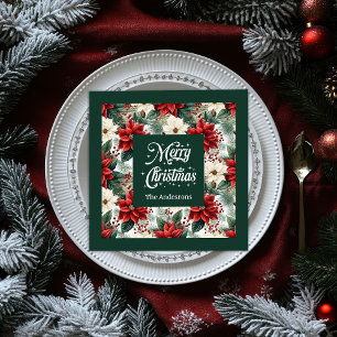 Kerstservetten met eigen naam Rood Groen Bloemen Servet