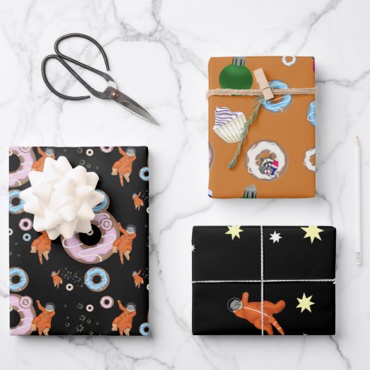 Kerstset - katten, donuts, wasberen, sterren inpakpapier vel (Voorkant)