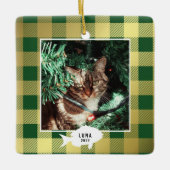 Kerstsfeer Gouden Plaid Kat Naam Kerstmis Keramisch Ornament (Voorkant)