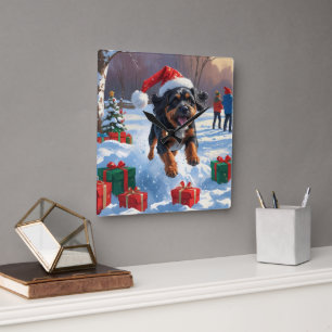 Kerstsfeer met Bouviers des Flandres in de sneeuw Vierkante Klok