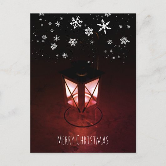 Kerstsfeer met kaarslantaarn en sneeuwvlokken feestdagenkaart (Voorkant)