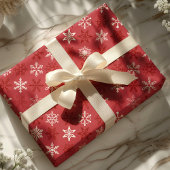 Kerstsfeer Rood & Wit Sneeuwvlokje Cadeaupapier