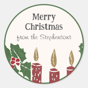 Kerstsfeer Vintage Linoleumdruk Kaarsen Ronde Sticker