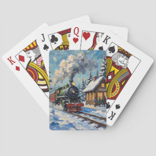 Kerstsfeervintage stoomtrein op besneeuwd station pokerkaarten