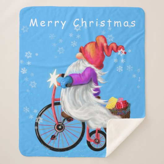 KerstSherpa Blanket Gnome met Bike en Gifts Sherpa Deken (Voorkant)