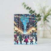 Kerstshoppen in de stad op een besneeuwde dag feestdagenkaart (Staand voorkant)