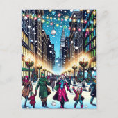 Kerstshoppen in de stad op een besneeuwde dag feestdagenkaart (Voorkant)