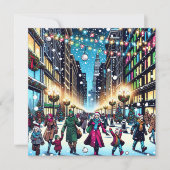 Kerstshoppen in de stad op een besneeuwde dag feestdagenkaart (Voorkant)