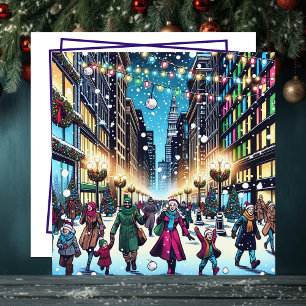 Kerstshoppen in de stad op een besneeuwde dag feestdagenkaart