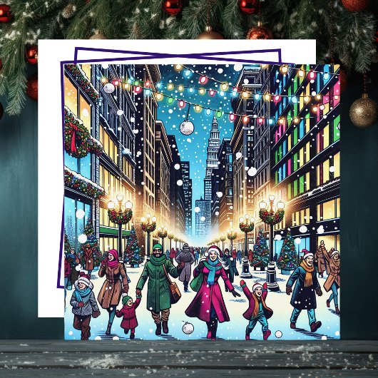 Kerstshoppen in de stad op een besneeuwde dag feestdagenkaart