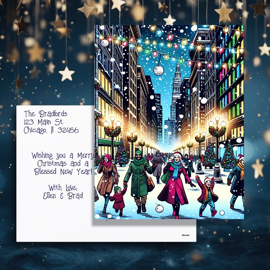 Kerstshoppen in de stad op een besneeuwde dag feestdagenkaart