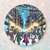 Kerstshoppen in de stad op een besneeuwde dag ronde sticker