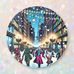 Kerstshoppen in de stad op een besneeuwde dag ronde sticker