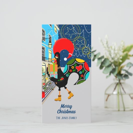 Kerstshoppen met de Portugese Haan Feestdagenkaart (Staand voorkant)