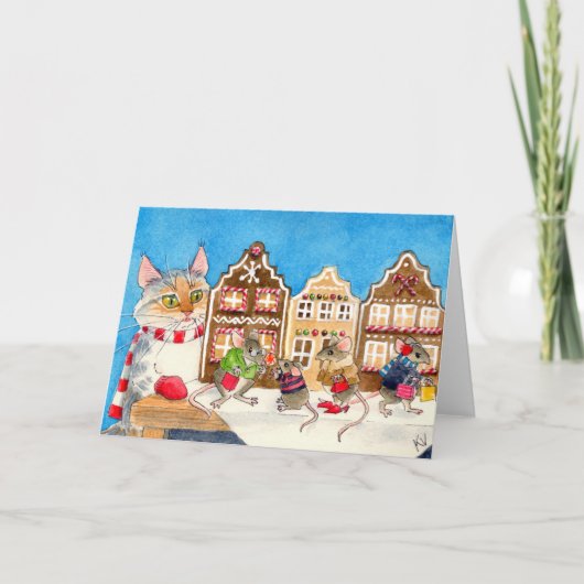 Kerstshoppen muizen en katten feestdagen kaart (Voorkant)