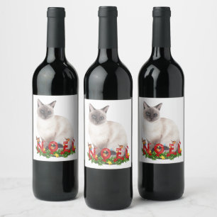 kerstsiamese kat-Waterverf  Wijn Etiket