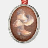 Kerstsieraad Cowboy-Pet en -schoenen op leder Metalen Ornament (Links)