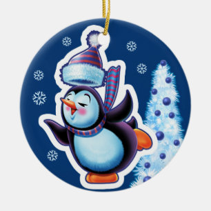 Kerstsieraad, dubbelzijdig pinguïn/sneeuwman keramisch ornament
