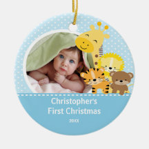 Kerstsieraad met babys eerste kerstfoto met giraff