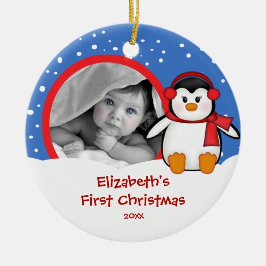 Kerstsieraad met eerste kerstfoto van baby pinguïn keramisch ornament (Voorkant)