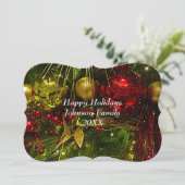 Kerstsieraden met rode en gouden kerstsieraden met feestdagenkaart (Staand voorkant)