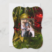 Kerstsieraden met rode en gouden kerstsieraden met feestdagenkaart (Achterkant)