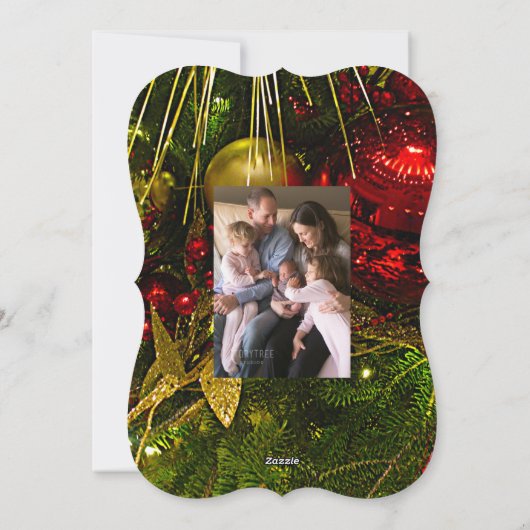 Kerstsieraden met rode en gouden kerstsieraden met feestdagenkaart (Achterkant)