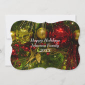 Kerstsieraden met rode en gouden kerstsieraden met feestdagenkaart (Voorkant)