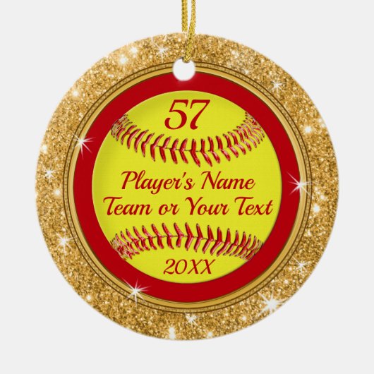 Kerstsieraden met rode, gouden Super Cute Softball Keramisch Ornament (Voorkant)