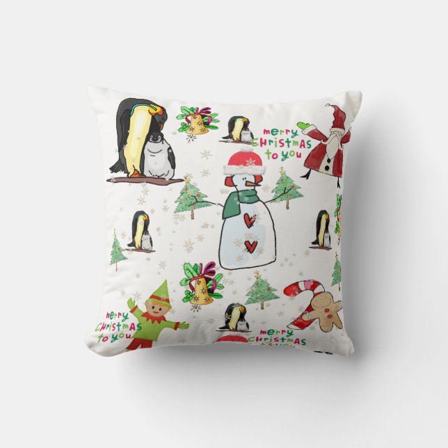 KerstSierkussen, Pinguïn Santa Snowman Elf Kussen (Voorkant)