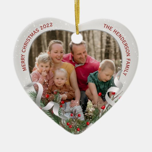 KerstSilver Holly Pine Lijst Familie Foto's Keramisch Ornament (Voorkant)
