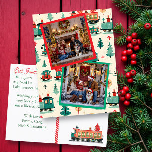 Kerstsjabloon met vintage trein en twee foto's feestdagenkaart