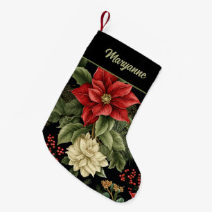 Kerstsjerp met vintage poinsettia patroon aan twee kleine kerstsok