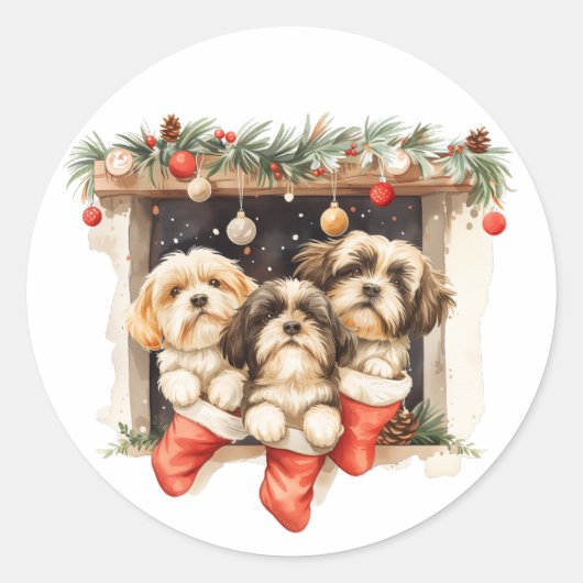 Kerstsjiih Tzu Dogs Ronde Sticker (Voorkant)