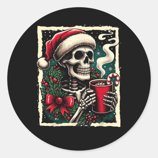 Kerstskelet Hot Cocoa Dead Inside Spooky XM Ronde Sticker (Voorkant)