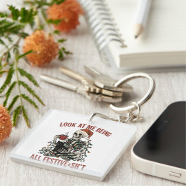 Kerstskelet met Katten Vakantie Snark Sleutelhanger